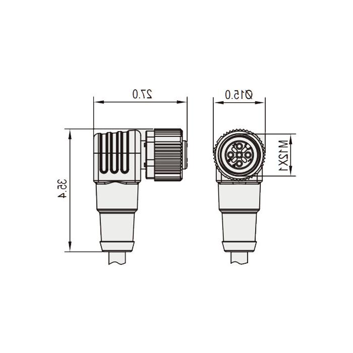 M12 3Pin、母头90°、带LED灯、IP 69K-ECOLAB、食品级、单端预铸PUR柔性电缆、黑色护套、64E001-XXX